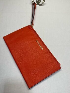 Michael Kors Orange-Red Pebbled Leather Zip Pouch with Gold Logo